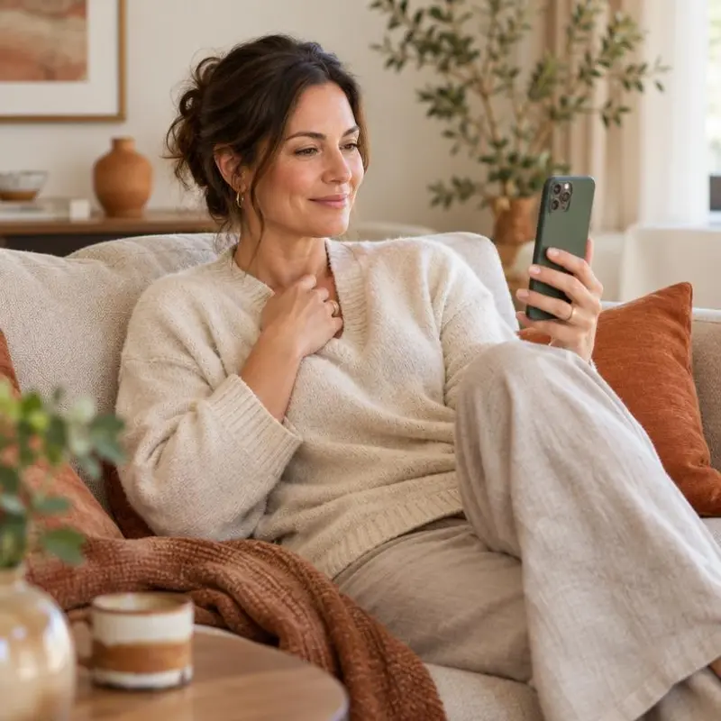 Woman having a private phone conversation at home, representing confidential sexual wellness care online