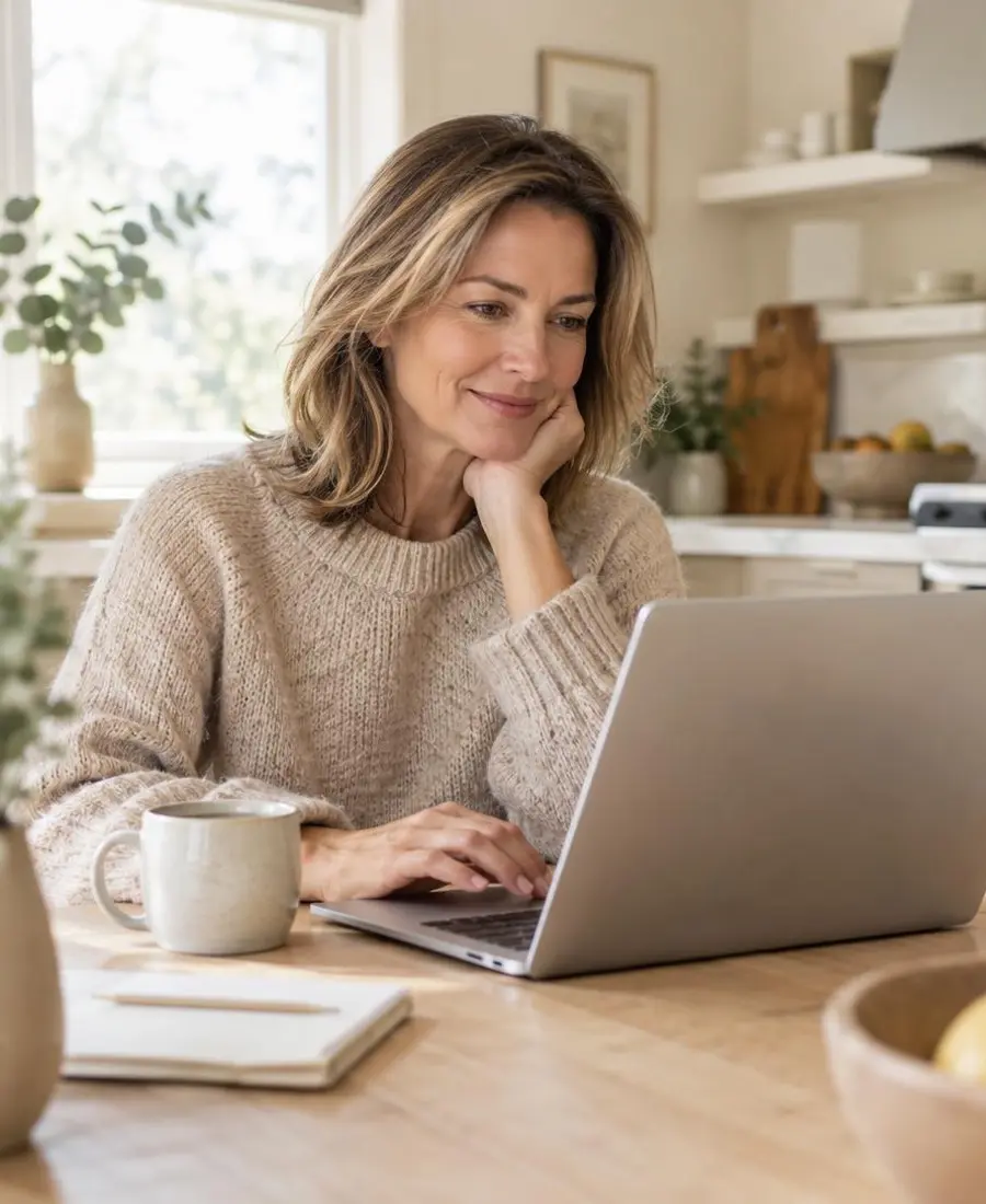 Woman calmly reviewing pricing details online at home, representing transparent cash-pay menopause care