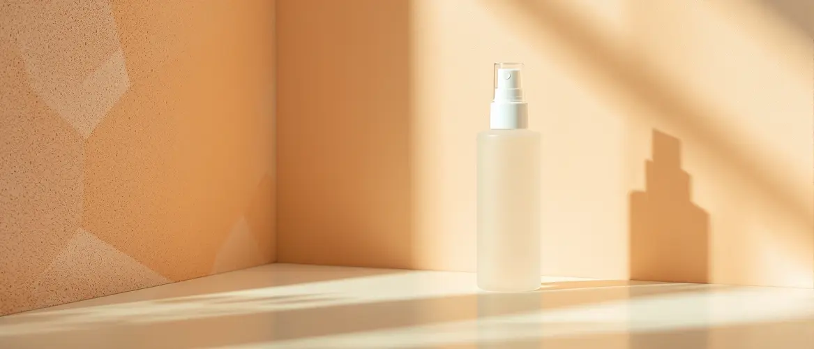 Frosted glass nasal spray bottle on a warm stone surface