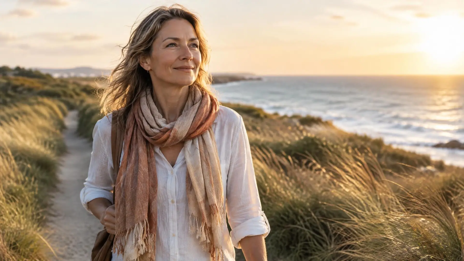 Woman walking along a sunlit coastal path in warm late afternoon light, representing hopeful private women's health care