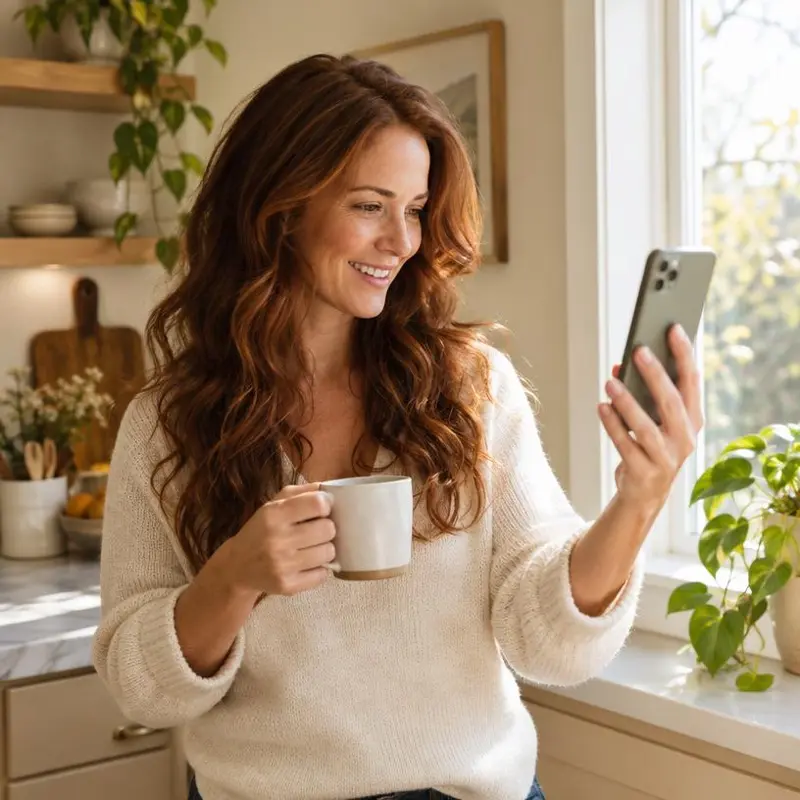 Woman smiling at her phone during a private telehealth video call in a sunny kitchen, representing online women's health care convenience