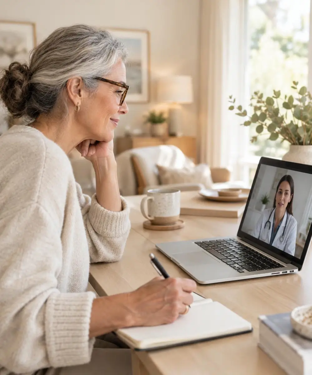 Woman in glasses having a private telehealth video visit at her home desk, representing the licensed-provider review step for women's health care