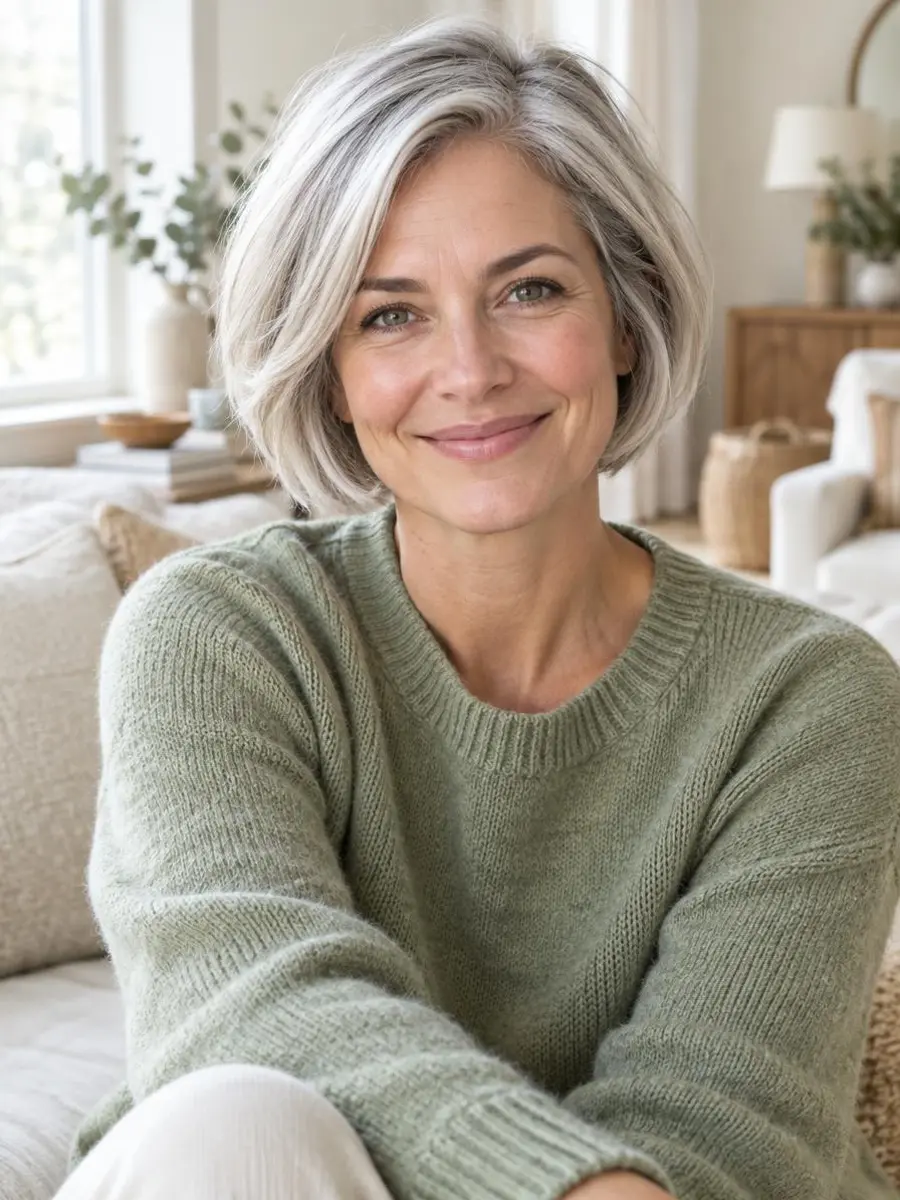 Woman in her forties smiling warmly in a bright neutral living room, representing private online women's health care from Surfbound Health