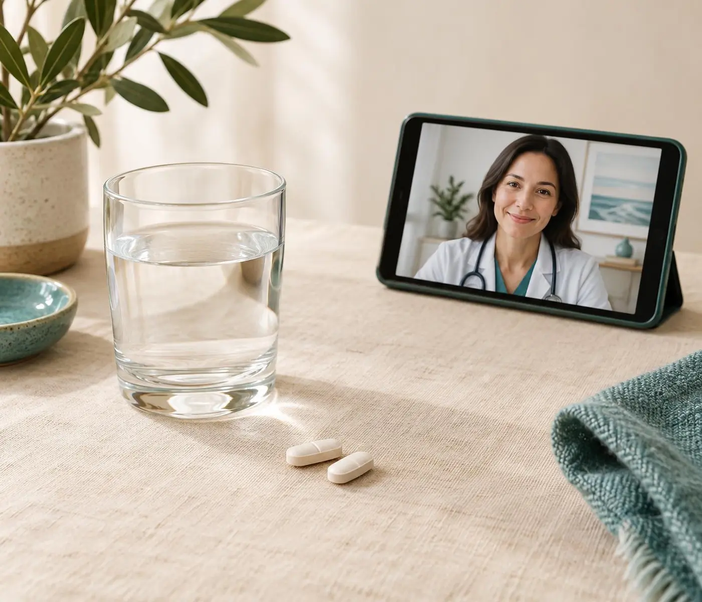 Oral GLP-1 tablets beside a glass of water