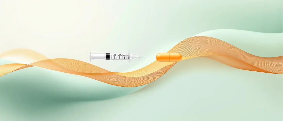 Vial, syringe, and dropper bottle on a clinical surface