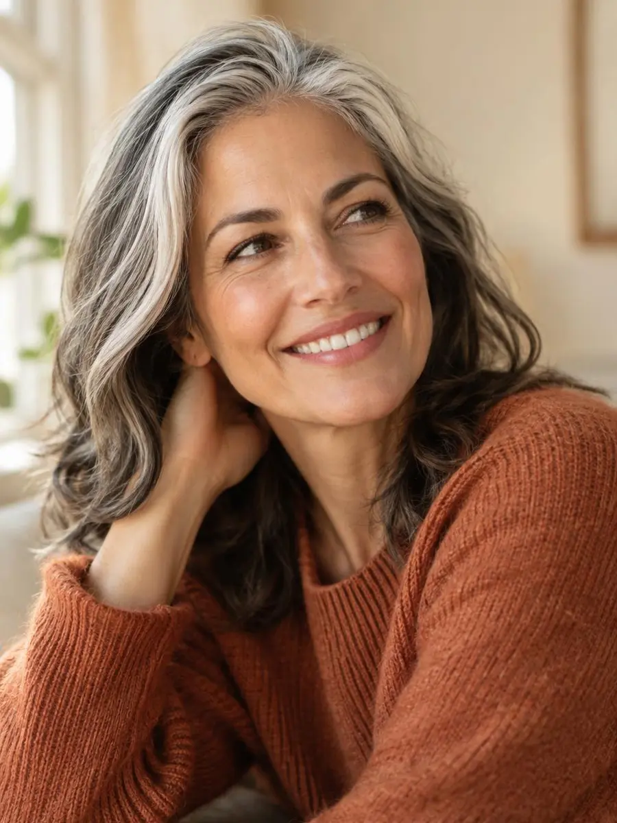 Woman in her fifties considering a topical hormone therapy cream at home, illustrating a guide to HRT patches versus creams