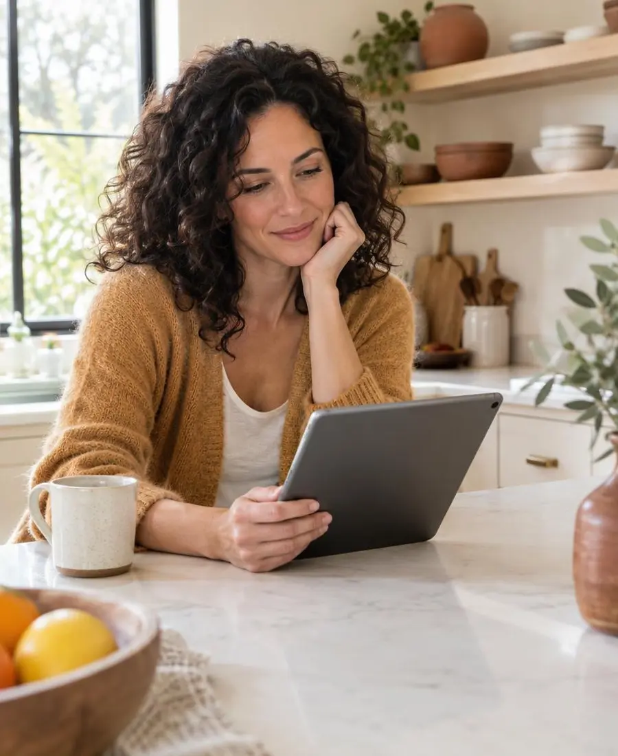 Woman with dark curly hair calmly completing an online intake on a tablet at her kitchen island, representing a private women's health care process