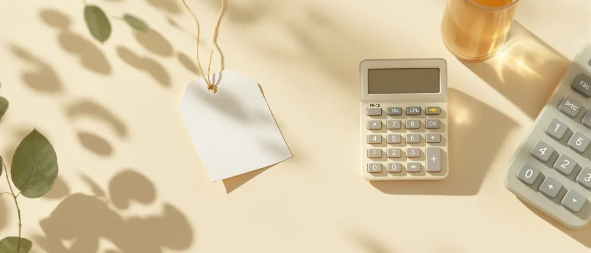 Small price tag beside a frosted glass vial and a calculator