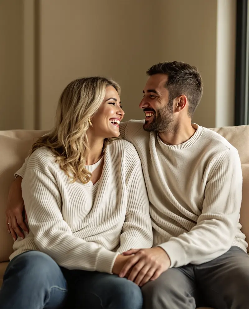 A couple relaxed together at home, representing intimacy and confidence