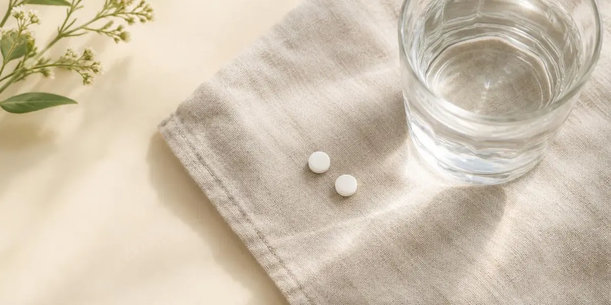 Oral GLP-1 tablets beside a glass of water on a warm cream surface, representing online oral GLP-1 treatment