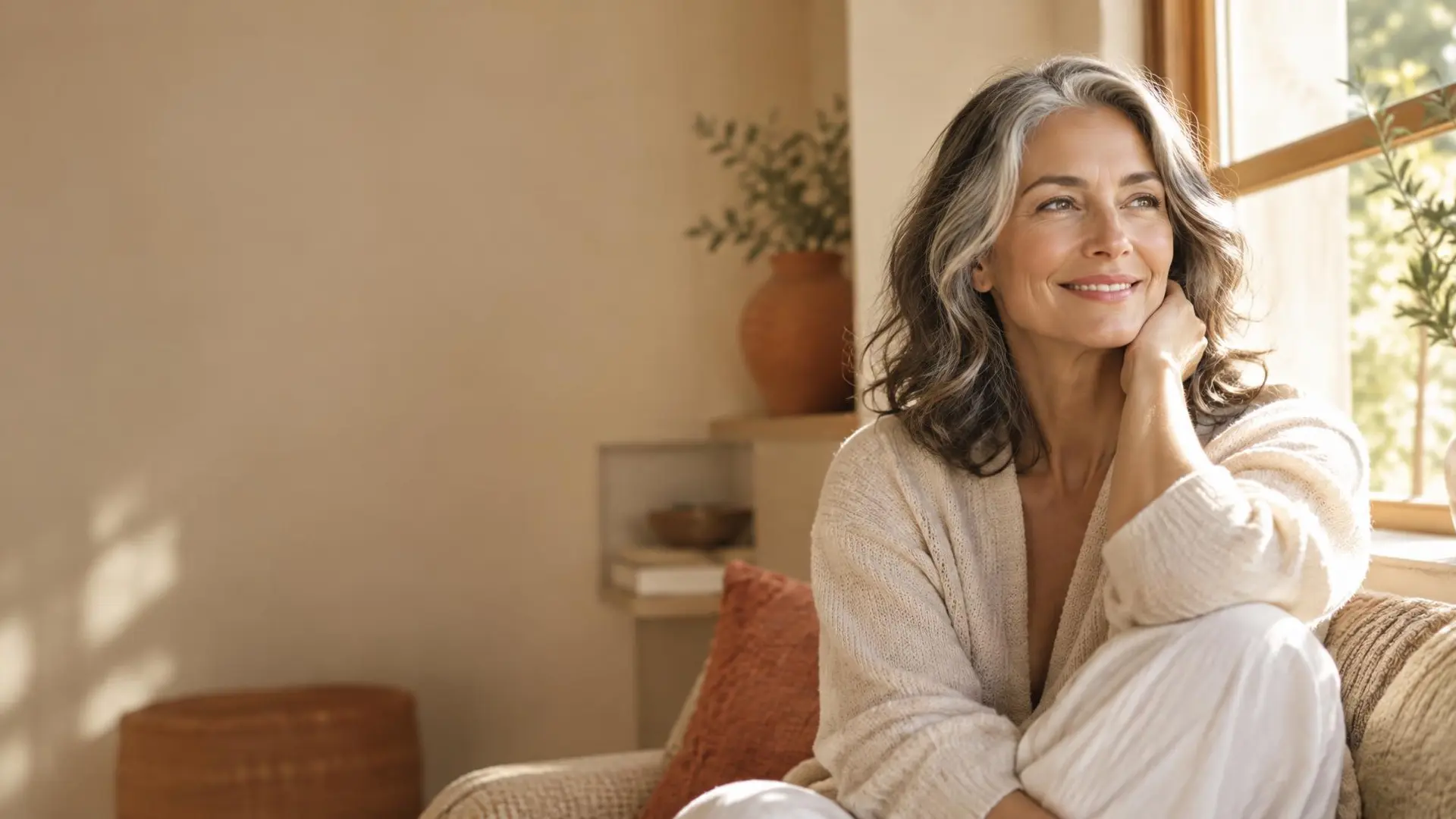 Woman smiling softly by a bright window at home, representing a private secure provider review for sexual wellness