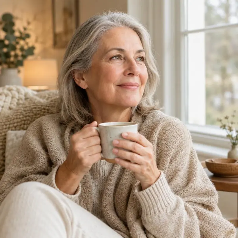 Woman smiling softly by a window, representing a hopeful private path to sexual-wellness support