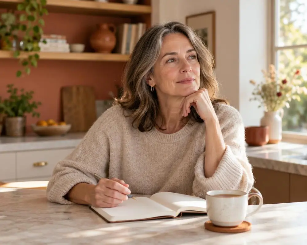 Woman considering her menopause treatment options at home with a notebook and tea in warm light
