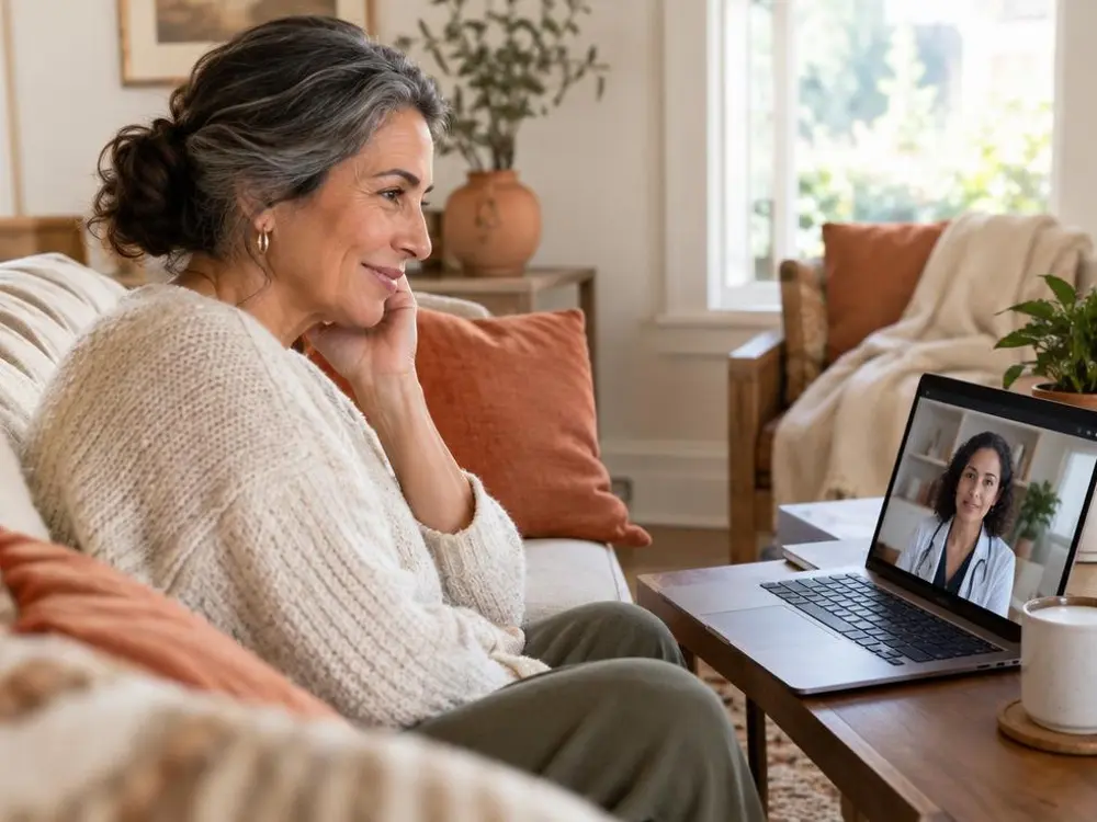 Woman talking with a licensed clinician on a private telehealth visit about hormone therapy options